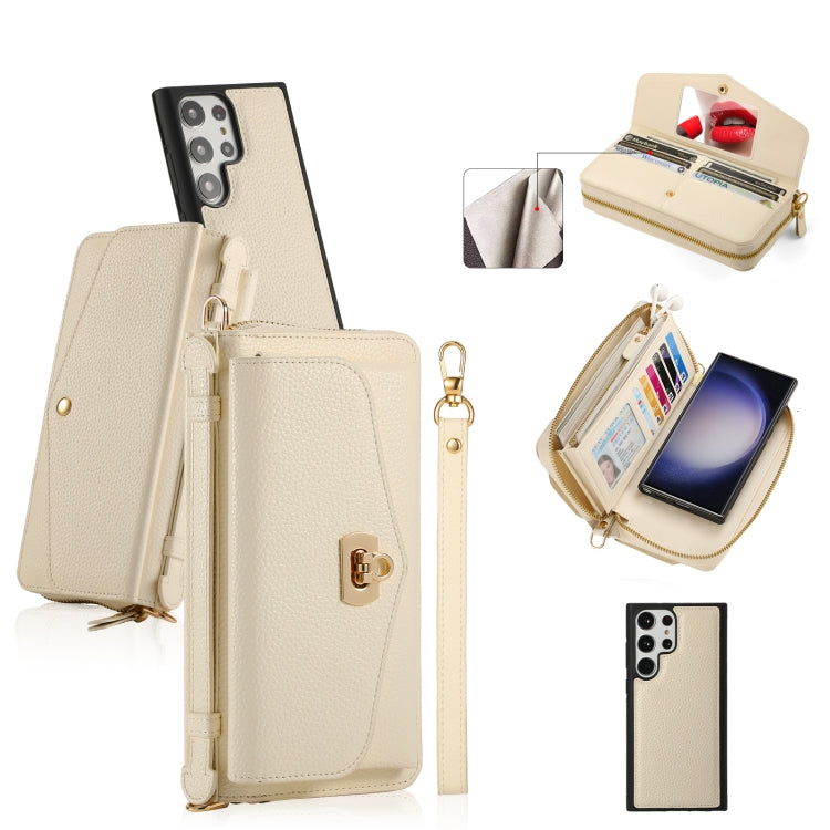 For Samsung Galaxy S23+ 5G Crossbody Multi-functional Zipper Wallet Litchi Leather Phone Case(Beige) - Galaxy S23+ 5G Cases by buy2fix | Online Shopping UK | buy2fix