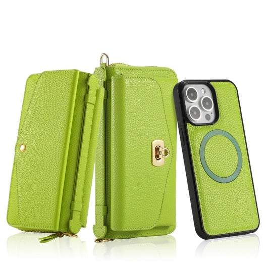 For iPhone 15 Pro Max MagSafe Crossbody Multi-functional Zipper Wallet Litchi Leather Phone Case(Green) - iPhone 15 Pro Max Cases by buy2fix | Online Shopping UK | buy2fix