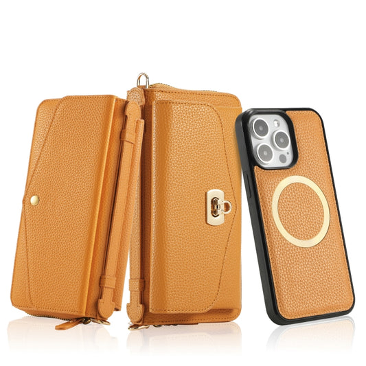 For iPhone 15 Plus MagSafe Crossbody Multi-functional Zipper Wallet Litchi Leather Phone Case(Orange) by buy2fix