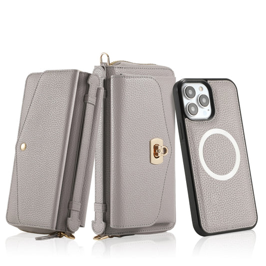 For iPhone 13 Pro MagSafe Crossbody Multi-functional Zipper Wallet Litchi Leather Phone Case(Grey) - iPhone 13 Pro Cases by buy2fix | Online Shopping UK | buy2fix