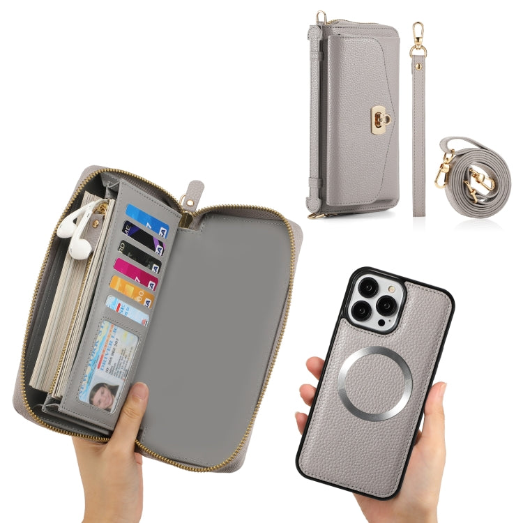 For iPhone 13 MagSafe Crossbody Multi-functional Zipper Wallet Litchi Leather Phone Case(Grey) - iPhone 13 Cases by buy2fix | Online Shopping UK | buy2fix