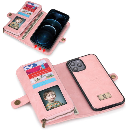 For iPhone 12 Pro Multi-functional Zipper Wallet Leather Phone Case(Pink) - iPhone 12 / 12 Pro Cases by buy2fix | Online Shopping UK | buy2fix