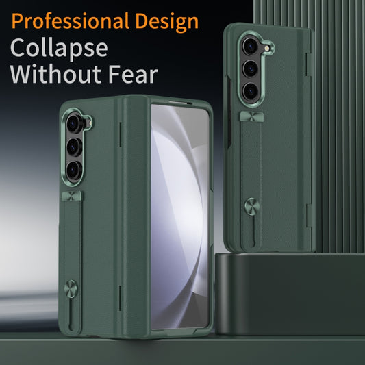 For Samsung Galaxy Z Fold5 5G Wristband Holder Grain Leather Folding Phone Case(Green) - Galaxy Z Fold5 Cases by buy2fix | Online Shopping UK | buy2fix