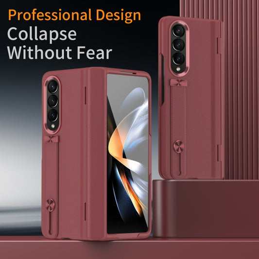 For Samsung Galaxy Z Fold4 Wristband Holder Grain Leather Folding Phone Case(Red) - Galaxy Z Fold4 5G Cases by buy2fix | Online Shopping UK | buy2fix