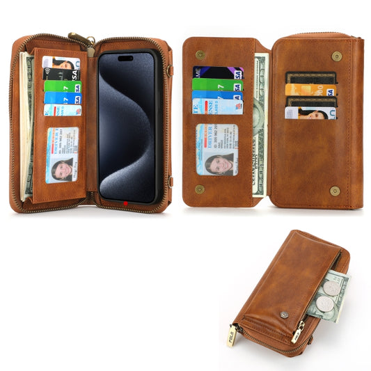 For iPhone 15 Pro Crossbody Multi-functional Zipper Wallet Leather Phone Case(Brown) - iPhone 15 Pro Cases by buy2fix | Online Shopping UK | buy2fix