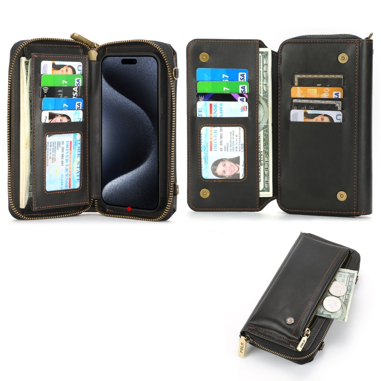 For iPhone 15 Pro Crossbody Multi-functional Zipper Wallet Leather Phone Case(Black) - iPhone 15 Pro Cases by buy2fix | Online Shopping UK | buy2fix