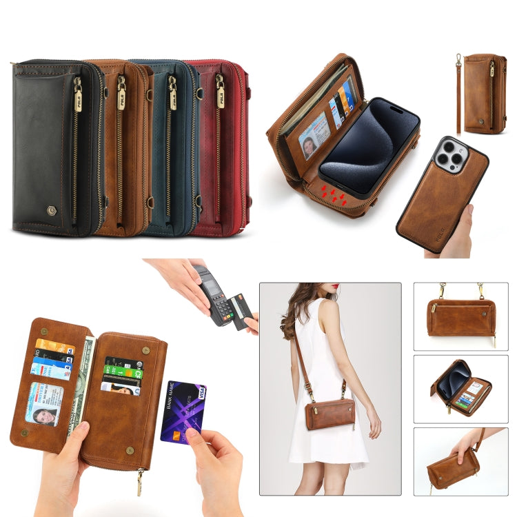 For iPhone 15 Crossbody Multi-functional Zipper Wallet Leather Phone Case(Brown) - iPhone 15 Cases by buy2fix | Online Shopping UK | buy2fix