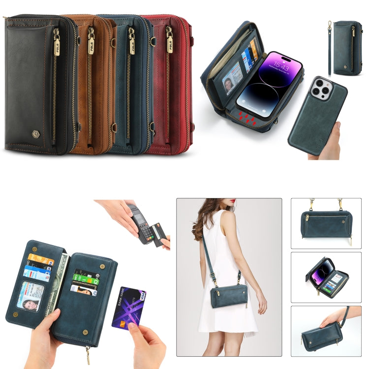 For iPhone 14 Pro Crossbody Multi-functional Zipper Wallet Leather Phone Case(Brown) - iPhone 14 Pro Cases by buy2fix | Online Shopping UK | buy2fix