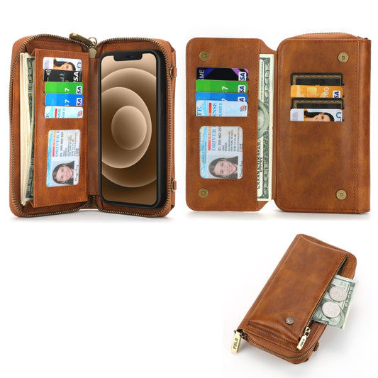For iPhone 13 mini Crossbody Multi-functional Zipper Wallet Leather Phone Case(Brown) - iPhone 13 mini Cases by buy2fix | Online Shopping UK | buy2fix