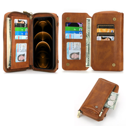 For iPhone 12 Crossbody Multi-functional Zipper Wallet Leather Phone Case(Brown) - iPhone 12 / 12 Pro Cases by buy2fix | Online Shopping UK | buy2fix