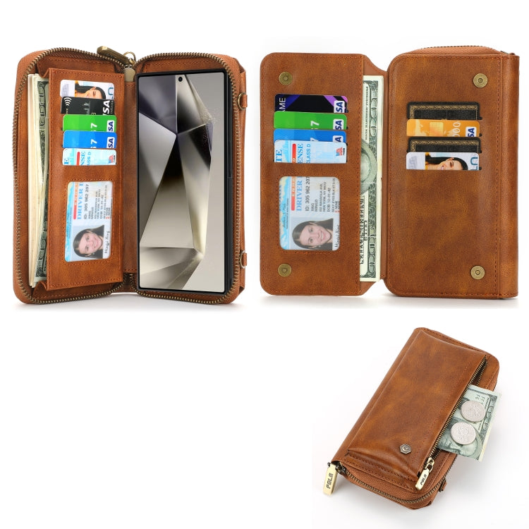 For Samsung Galaxy S24+ 5G Crossbody Multi-functional Zipper Wallet Leather Phone Case(Brown) - Galaxy S24+ 5G Cases by buy2fix | Online Shopping UK | buy2fix