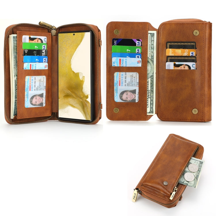 For Samsung Galaxy S22 5G Crossbody Multi-functional Zipper Wallet Leather Phone Case(Brown) - Galaxy S22 5G Cases by buy2fix | Online Shopping UK | buy2fix