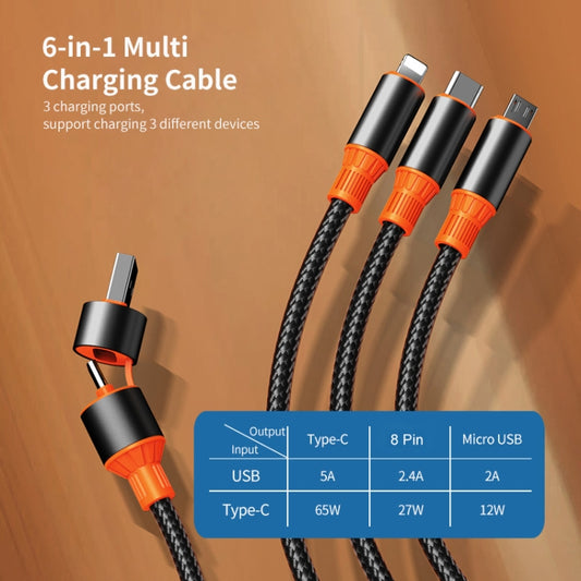 ENKAY 6-in-1 5A USB + Type-C to Type-C / 8 Pin / Micro USB Multifunction Fast Charging Cable, Length:1.2m(Black Orange) by ENKAY