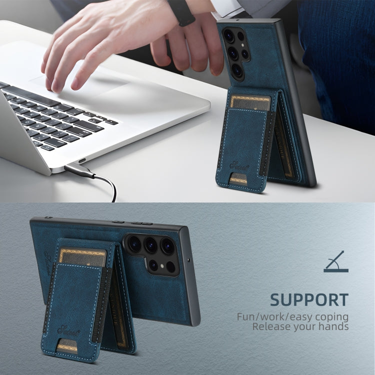 For Samsung Galaxy S22 5G Suteni H17 Litchi Texture Leather MagSafe Detachable Wallet Phone Case(Blue) - Galaxy S22 5G Cases by Suteni | Online Shopping UK | buy2fix