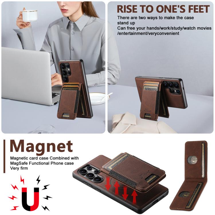 For Samsung Galaxy S25+ 5G Suteni H17 Litchi Texture Leather MagSafe Detachable Wallet Phone Case(Brown) - Galaxy S25+ 5G Cases by Suteni | Online Shopping UK | buy2fix