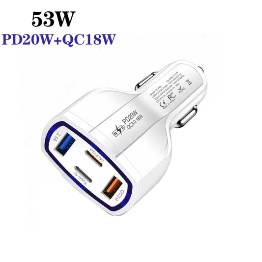 P49 53W PD20W Type-C + USB 4-port Car Charger with USB to Micro USB Data Cable(White) - Car Charger by buy2fix | Online Shopping UK | buy2fix