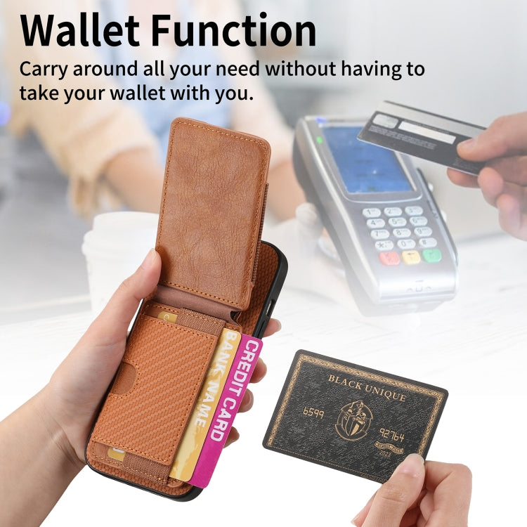 For iPhone 15 Pro Carbon Fiber Vertical Flip Wallet Stand Phone Case(Brown) - iPhone 15 Pro Cases by buy2fix | Online Shopping UK | buy2fix