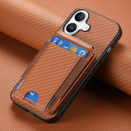 For iPhone 16 Carbon Fiber Vertical Flip Wallet Stand Phone Case(Brown) by buy2fix