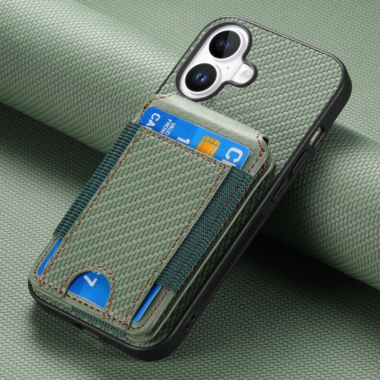 For iPhone 16 Plus Carbon Fiber Vertical Flip Wallet Stand Phone Case(Green) by buy2fix