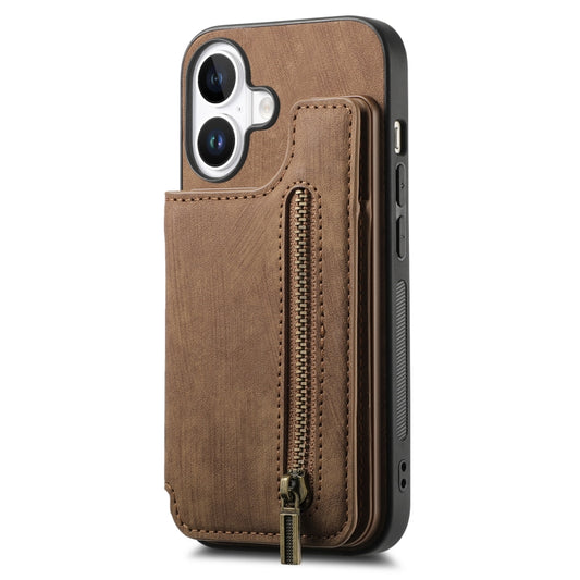 For iPhone 16 Retro Leather Zipper Wallet Back Phone Case(Brown) by buy2fix