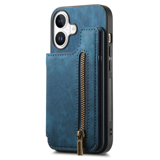 For iPhone 16 Retro Leather Zipper Wallet Back Phone Case(Blue) by buy2fix