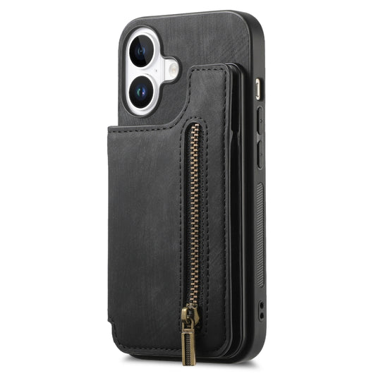 For iPhone 16 Retro Leather Zipper Wallet Back Phone Case(Black) by buy2fix