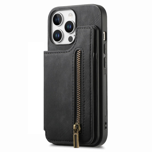For iPhone 16 Pro Retro Leather Zipper Wallet Back Phone Case(Black) by buy2fix