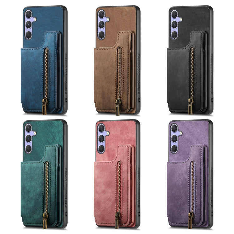 For Samsung Galaxy S25 5G Retro Leather Zipper Wallet Back Phone Case(Blue) by buy2fix