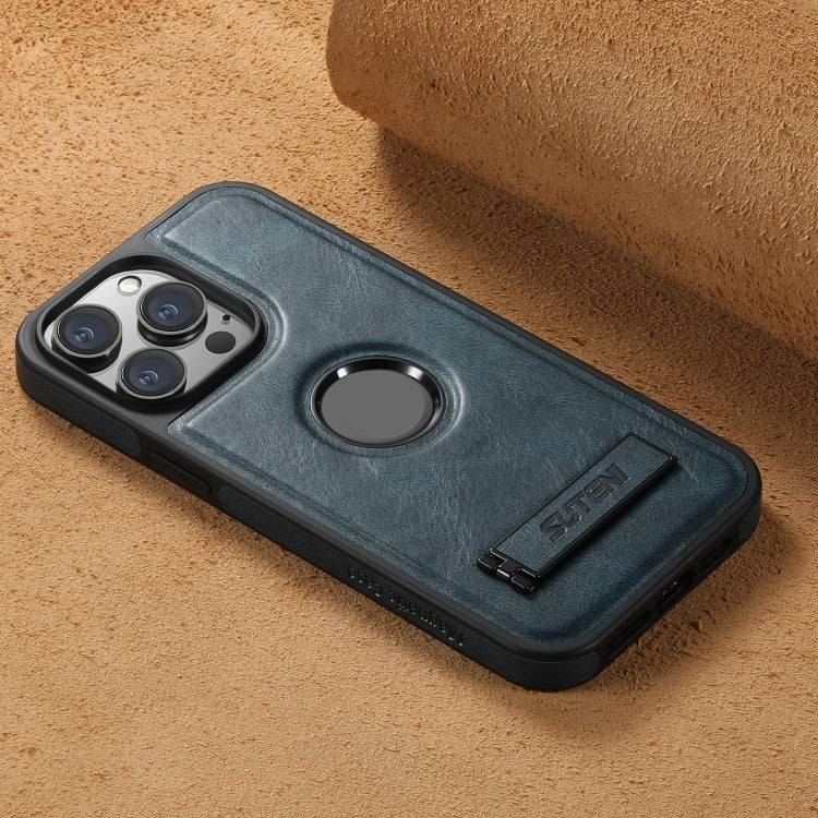 For iPhone 14 Plus Suteni G2 Magsafe Oil Wax Leather Back Phone Case with Holder(Blue) by Suteni