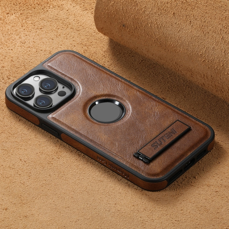 For iPhone 14 Pro Max Suteni G2 Magsafe Oil Wax Leather Back Phone Case with Holder(Brown) by Suteni