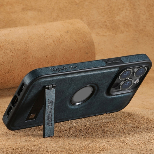 For iPhone 13 Pro Max Suteni G2 Magsafe Oil Wax Leather Back Phone Case with Holder(Blue) by Suteni