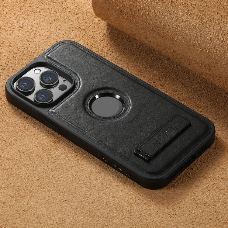 For iPhone 12 Pro Suteni G2 Magsafe Oil Wax Leather Back Phone Case with Holder(Black) by Suteni