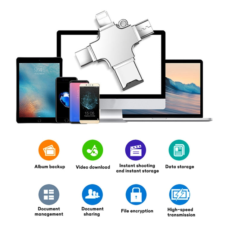 4 in 1 USB-C / Type-C USB 2.0 + Micro USB + 8 Pin Adapter TF Card Reader, Memory Card:64GB(Sliver) by buy2fix