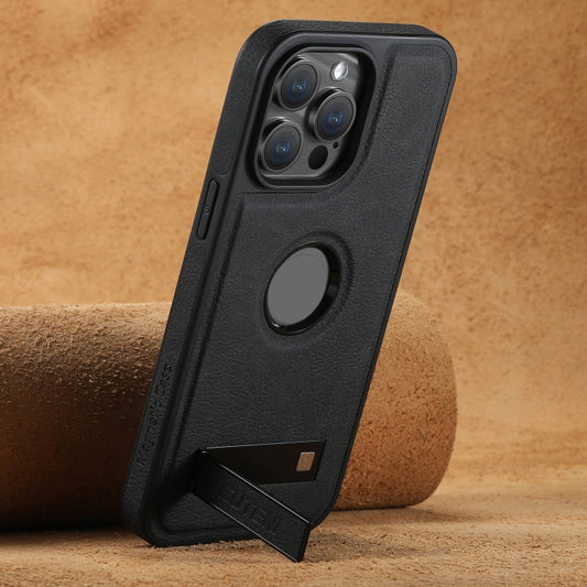 For iPhone 14 Plus Suteni G2 Magsafe Litchi Texture Leather Back Phone Case with Holder(Black) by Suteni