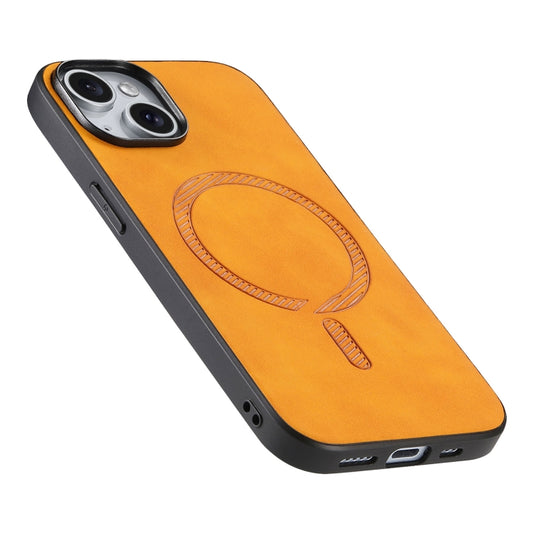 For iPhone 14 Plus Solid Color Retro Magsafe PU Back Cover Phone Case(Yellow) by buy2fix