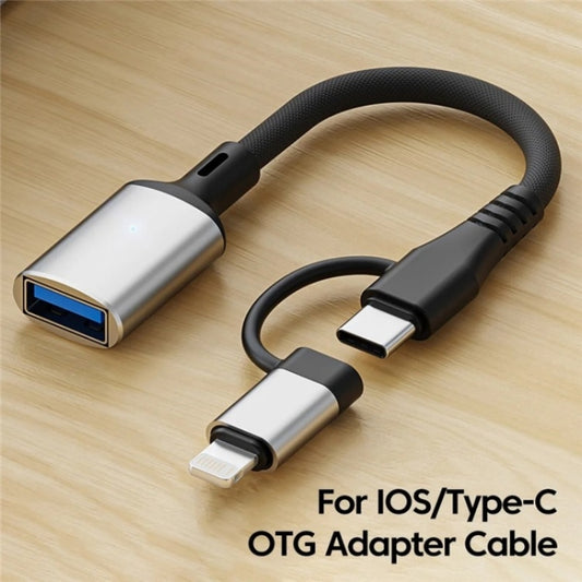 JS-112 2 in 1 USB Male to USB-C / Type-C / 8 Pin OTG Adapter Cable, Length: 15cm(Black) by buy2fix