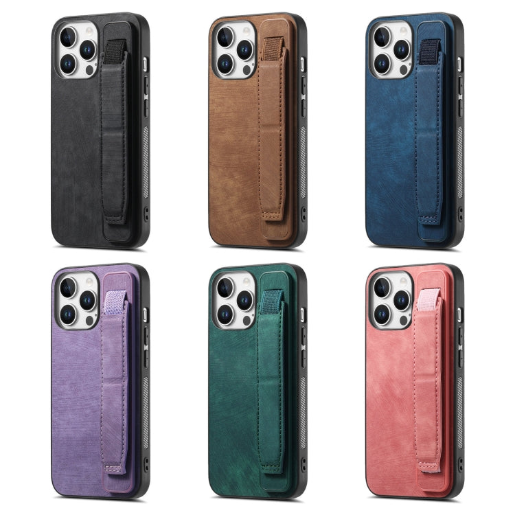 For iPhone 16e Retro Wristband Holder Leather Back Phone Case(Purple) - iPhone 16e Cases by buy2fix | Online Shopping UK | buy2fix
