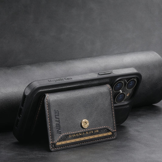 For iPhone 14 Suteni M1 Oil Wax MagSafe Detachable Horizontal Card Bag Phone Case(Black) by Suteni