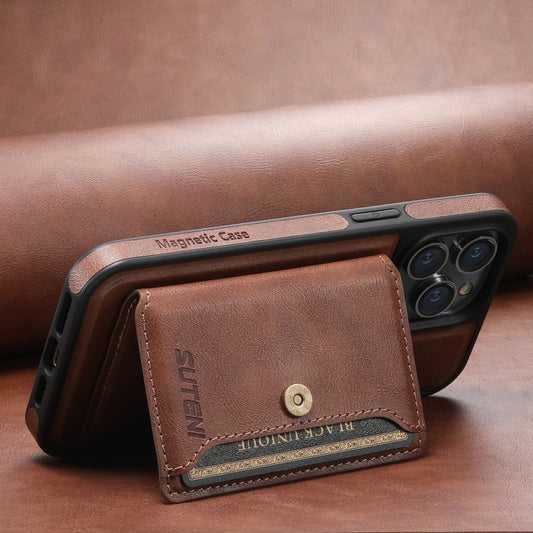 For iPhone 13 Suteni M1 Oil Wax MagSafe Detachable Horizontal Card Bag Phone Case(Brown) by Suteni