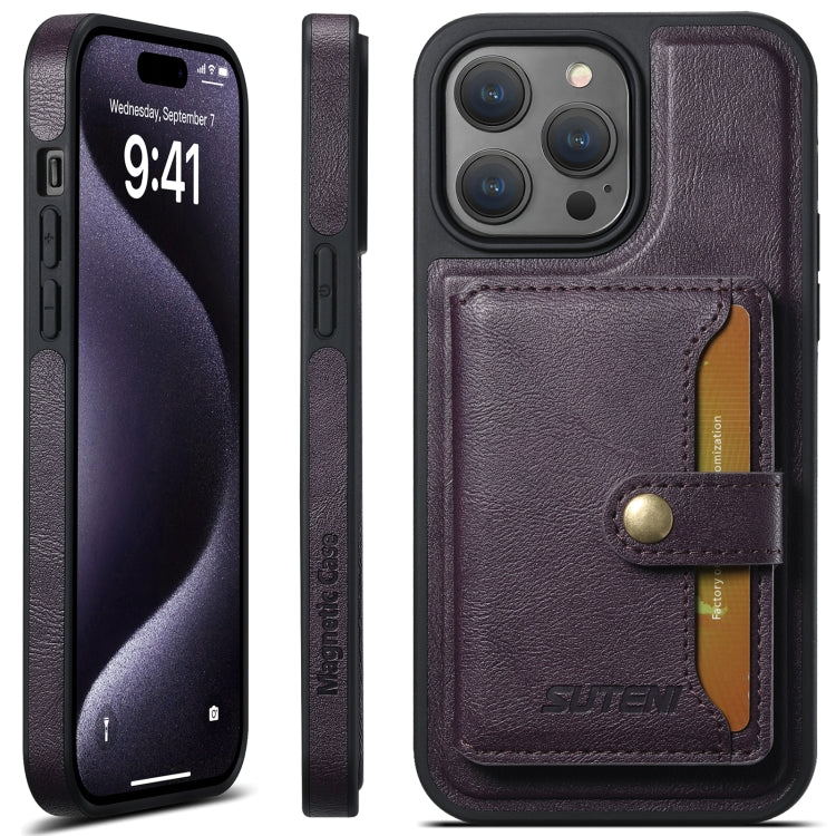 For iPhone 16 Pro Suteni M1 Oil Wax MagSafe Detachable Horizontal Card Bag Phone Case(Purple) - iPhone 16 Pro Cases by Suteni | Online Shopping UK | buy2fix
