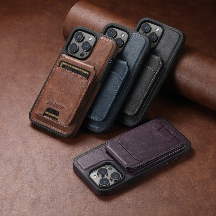 For iPhone 14 Pro Suteni M2 Oil Wax MagSafe Horizontal Card Bag Phone Case(Brown) by Suteni