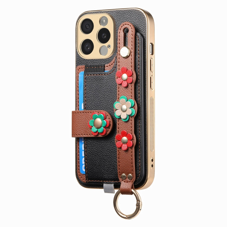For iPhone 15 Stereoscopic Flowers Wristband Card Bag Phone Case(Black) - iPhone 15 Cases by buy2fix | Online Shopping UK | buy2fix