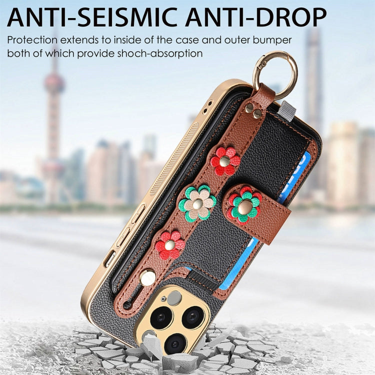 For iPhone 15 Stereoscopic Flowers Wristband Card Bag Phone Case(Black) - iPhone 15 Cases by buy2fix | Online Shopping UK | buy2fix