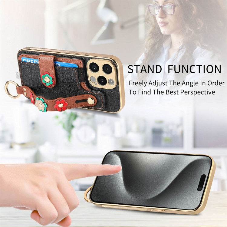 For iPhone 15 Stereoscopic Flowers Wristband Card Bag Phone Case(Black) - iPhone 15 Cases by buy2fix | Online Shopping UK | buy2fix