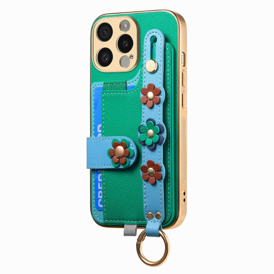 For iPhone 15 Stereoscopic Flowers Wristband Card Bag Phone Case(Green) - iPhone 15 Cases by buy2fix | Online Shopping UK | buy2fix