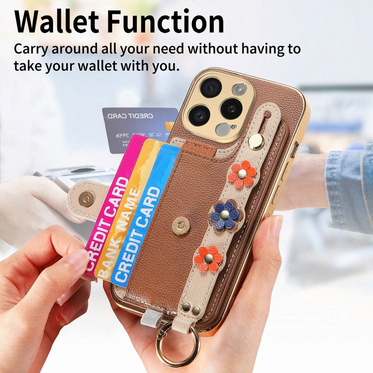 For iPhone 15 Pro Stereoscopic Flowers Wristband Card Bag Phone Case(Brown) - iPhone 15 Pro Cases by buy2fix | Online Shopping UK | buy2fix