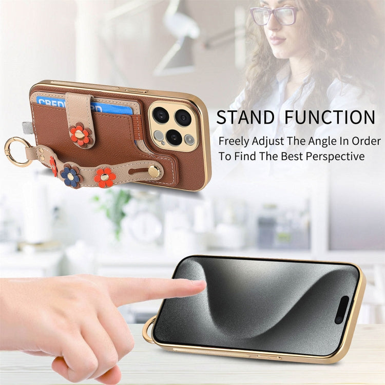 For iPhone 15 Pro Stereoscopic Flowers Wristband Card Bag Phone Case(Brown) - iPhone 15 Pro Cases by buy2fix | Online Shopping UK | buy2fix