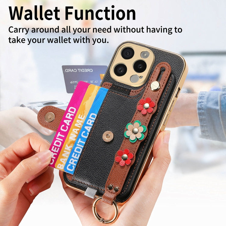 For iPhone 13 Pro Max Stereoscopic Flowers Wristband Card Bag Phone Case(Black) - iPhone 13 Pro Max Cases by buy2fix | Online Shopping UK | buy2fix