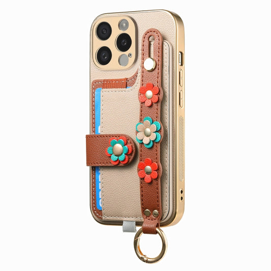 For iPhone 13 Pro Max Stereoscopic Flowers Wristband Card Bag Phone Case(Khaki) - iPhone 13 Pro Max Cases by buy2fix | Online Shopping UK | buy2fix