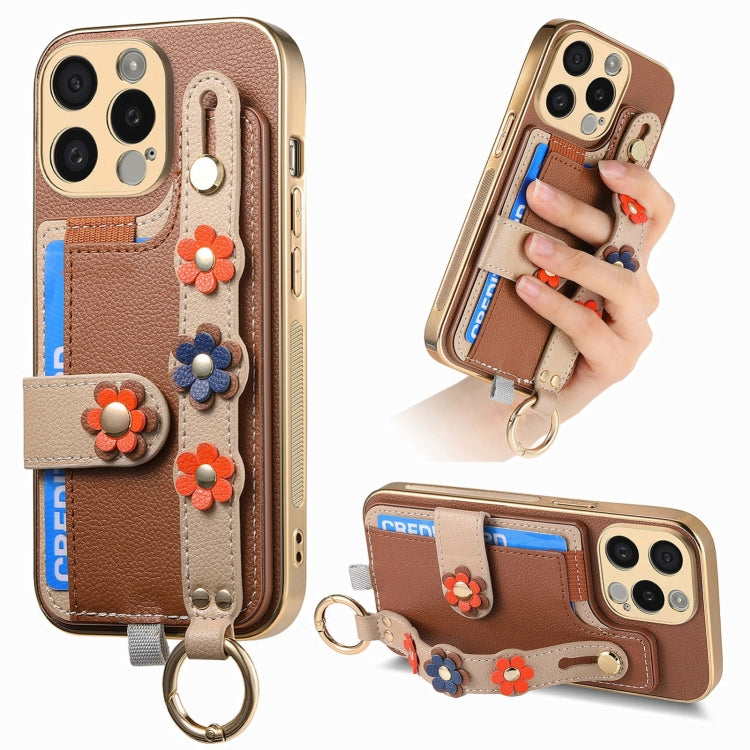 For iPhone 12 Pro Stereoscopic Flowers Wristband Card Bag Phone Case(Brown) - iPhone 12 / 12 Pro Cases by buy2fix | Online Shopping UK | buy2fix